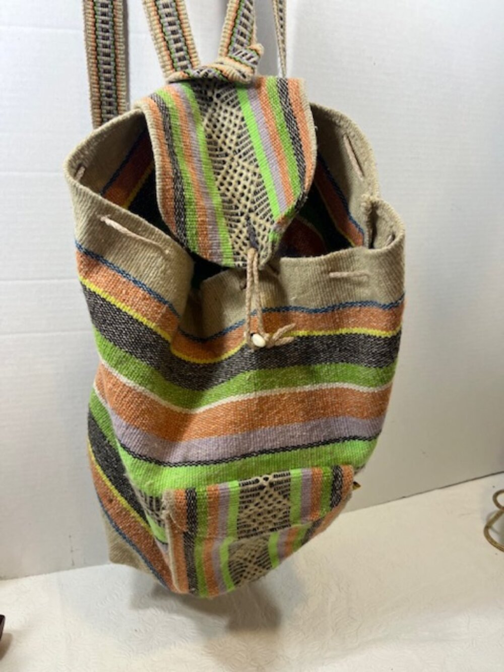 Woven Boho Pastel Striped Pinon Mexican Blanket Backpack Front Zip Pocket Lg